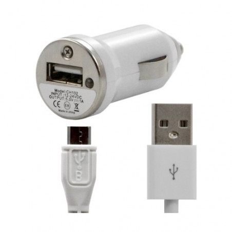 Chargeur voiture allume cigare USB avec câble data pour Wiko Cink + Couleur Blanc