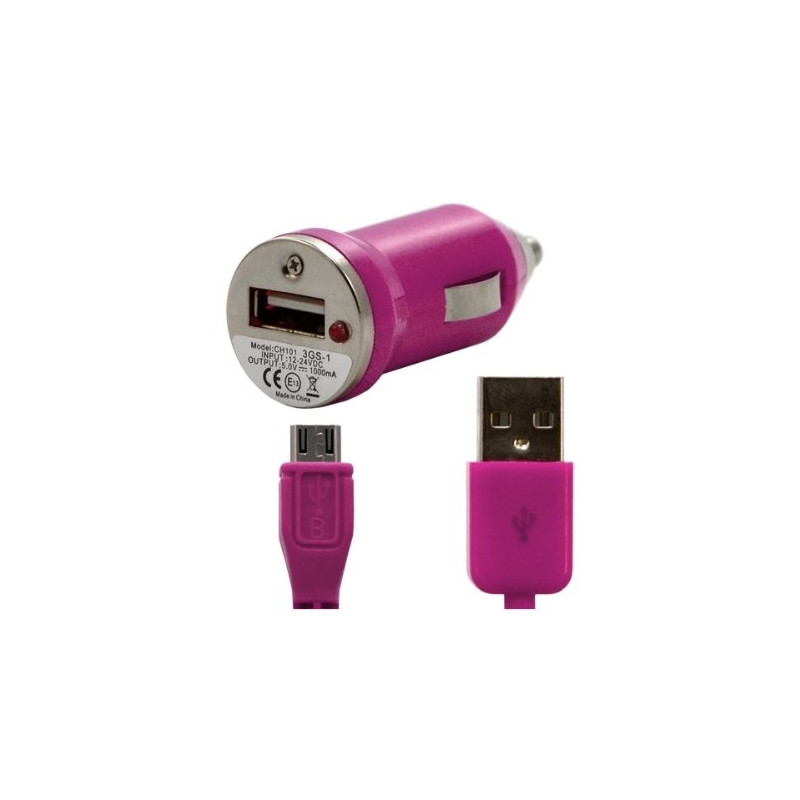 Chargeur voiture allume cigare USB avec câble data pour Wiko Cink + Couleur Rose Fushia