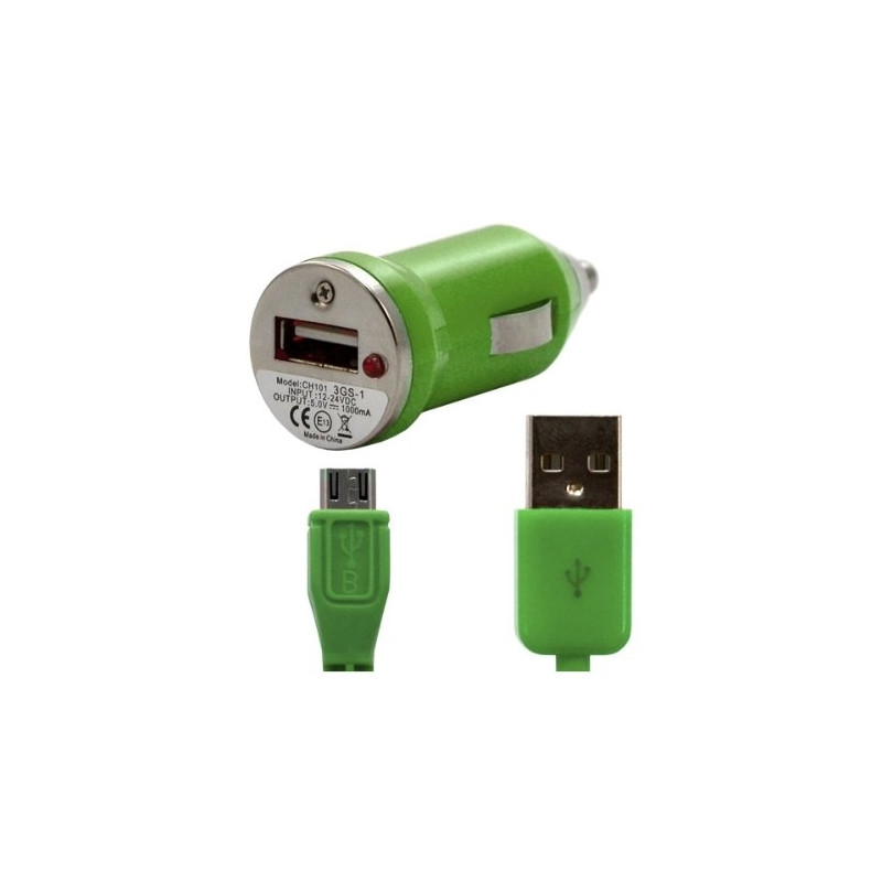 Chargeur voiture allume cigare USB avec câble data pour Wiko Cink + Couleur Vert