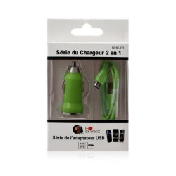 Chargeur voiture allume cigare USB avec câble data pour Wiko Cink + Couleur Vert