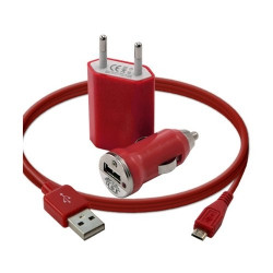 Chargeur maison + allume cigare USB + câble data pour Wiko Cink Slim Couleur Rouge