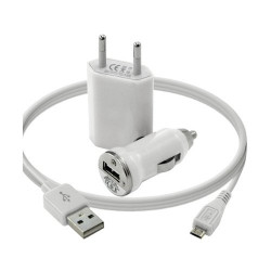 Chargeur maison + allume cigare USB + câble data pour Wiko Darkside Couleur Blanc
