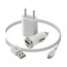 Chargeur maison + allume cigare USB + câble data pour Wiko Darkside Couleur Blanc