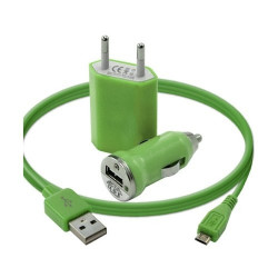 Chargeur maison + allume cigare USB + câble data pour Wiko Darkside Couleur Vert