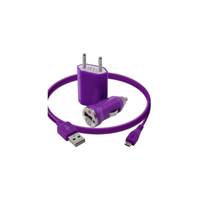 Chargeur maison + allume cigare USB + câble data pour Wiko Ozzy Couleur Violet