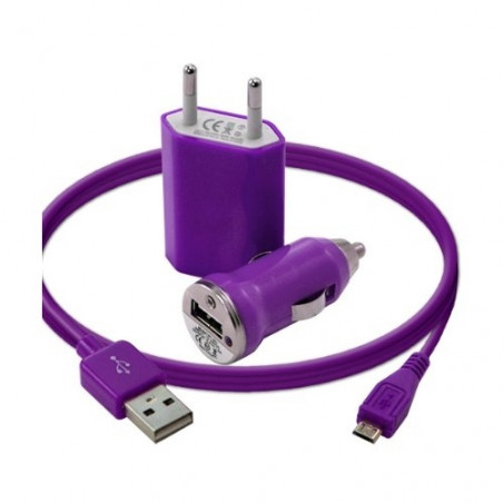 Chargeur maison + allume cigare USB + câble data pour Wiko Ozzy Couleur Violet