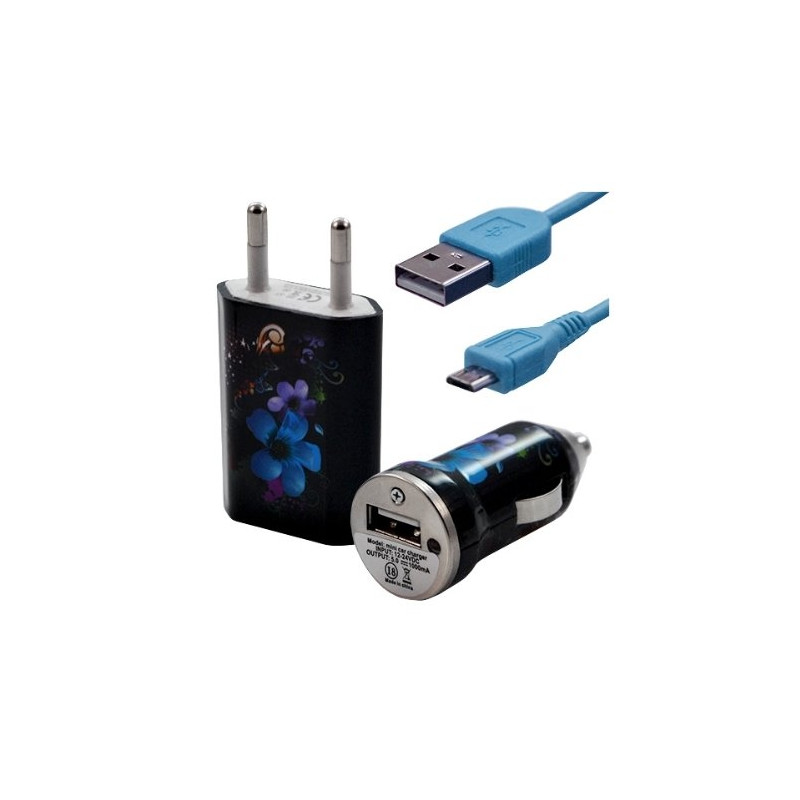 Chargeur maison + allume cigare USB + câble data pour Wiko Cink Peax 2 avec motif HF16