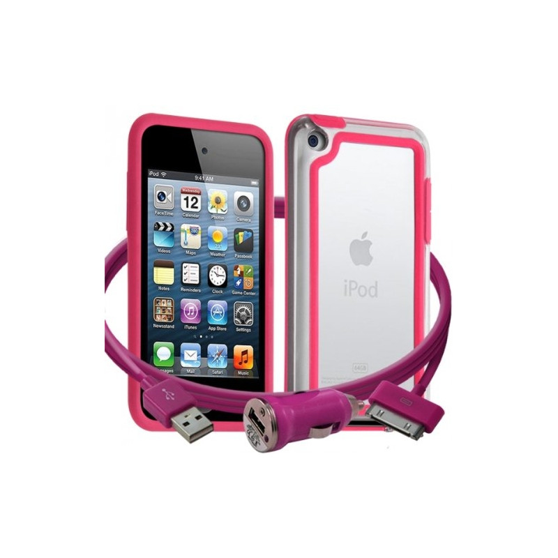 Housse Etui Coque Bumper rose pour Apple iPod Touch 4G + chargeur auto