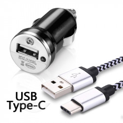 Chargeur Voiture Allume-Cigare Câble USB Type C Gris pour ZTE Axon 7