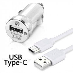Chargeur Voiture Allume-Cigare Câble USB Type C Blanc pour ZTE Axon 7