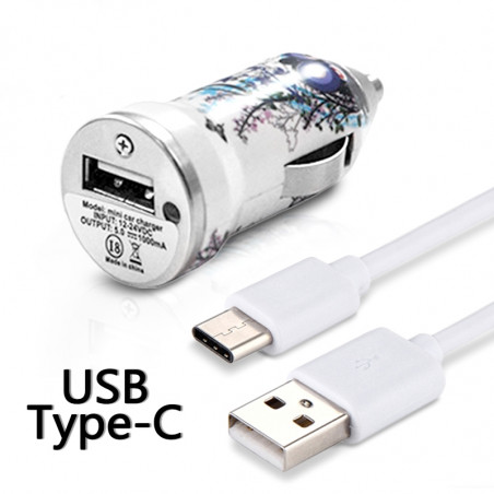 Chargeur Voiture Allume-Cigare Motif CV02 Câble USB Type C pour OnePlus 6