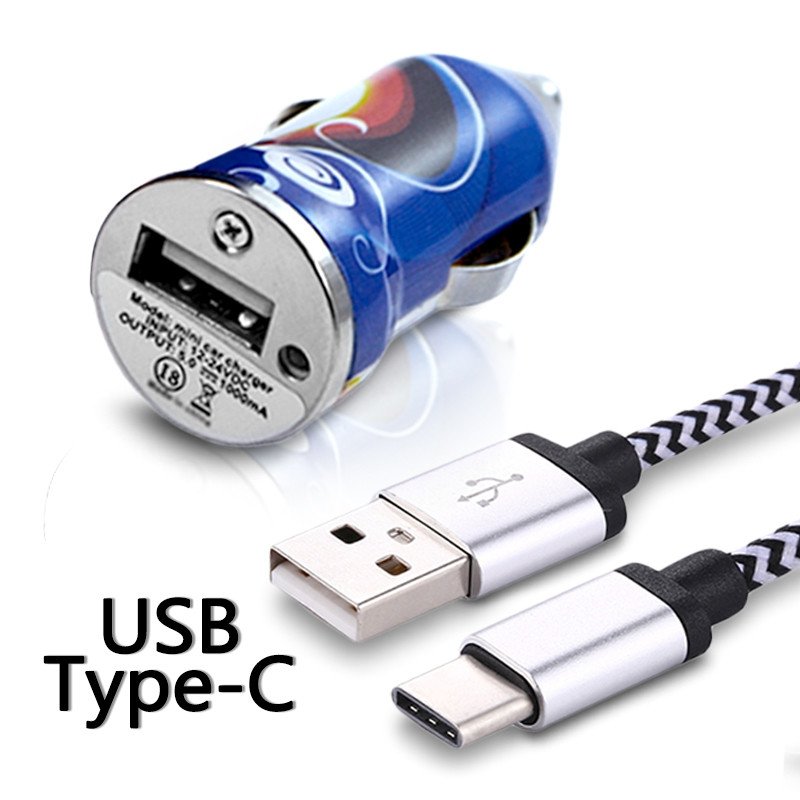 Chargeur Voiture Allume-Cigare Motif CV02 Câble USB Type C pour OnePlus 6