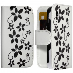 Housse coque étui portefeuille pour Samsung Galaxy Ace avec Motif Fleurs Blanc