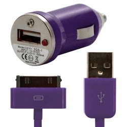 Chargeur voiture allume cigare USB + Cable data couleur violet pour Apple : iPhone / iPhone 3G / iPhone 3GS / iPhone 4 / iPhone 