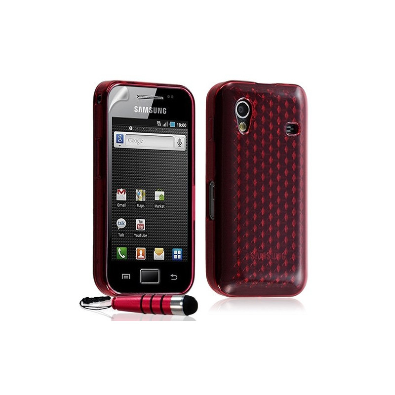 Housse coque gel damier transparent Samsung Galaxy Ace S5830 couleur rouge + stylet + film