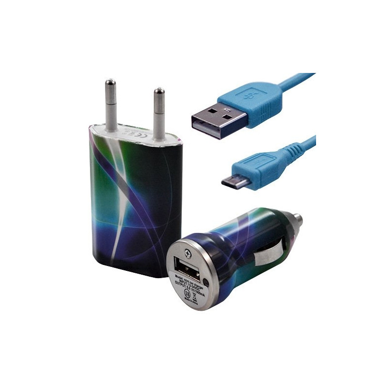 Mini Chargeur 3en1 Auto et Secteur USB avec câble data avec motif CV03 pour Sony : Xperia J / Xperia P / Xperia S / Xperia T / 