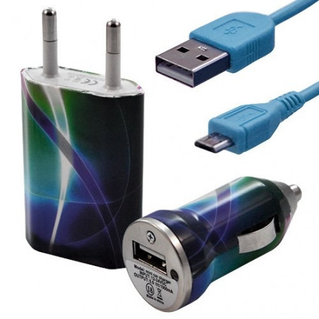Mini Chargeur 3en1 Auto et Secteur USB avec câble data avec motif CV03 pour Sony : Xperia J / Xperia P / Xperia S / Xperia T / 