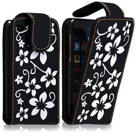 Housse coque étui pour Apple Ipod 4G couleur noir avec motifs fleurs + film protection écran