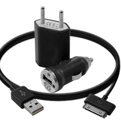 Mini Chargeur 3en1 Auto Et Secteur Usb Avec Câble Data Noir pour Apple : iPhone 3G/3Gs / iPhone 4/4S / Ipod Touch 1G/2G/3G / Ip