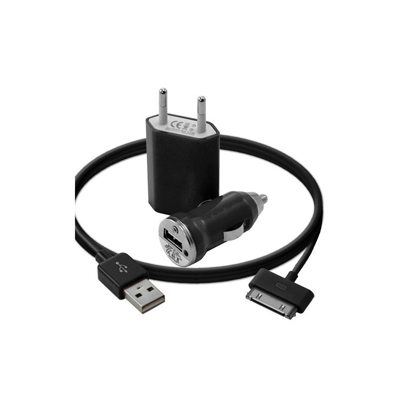 Mini Chargeur 3en1 Auto Et Secteur Usb Avec Câble Data Noir pour Apple : iPhone 3G/3Gs / iPhone 4/4S / Ipod Touch 1G/2G/3G / Ip