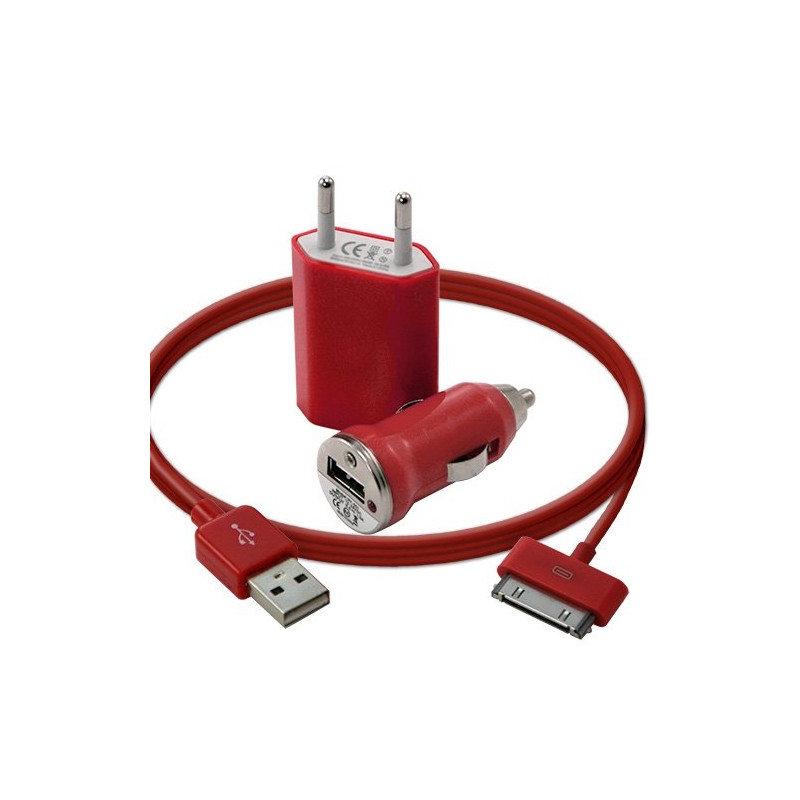 Mini Chargeur 3en1 Auto Et Secteur Usb Avec Câble Data Rouge pour Apple : iPhone 3G/3Gs / iPhone 4/4S / Ipod Touch 1G/2G/3G / I