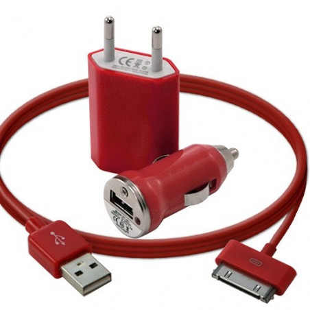 Mini Chargeur 3en1 Auto Et Secteur Usb Avec Câble Data Rouge pour Apple : iPhone 3G/3Gs / iPhone 4/4S / Ipod Touch 1G/2G/3G / I