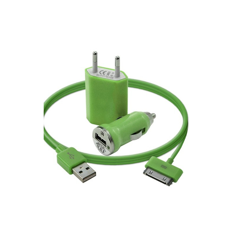 Mini Chargeur 3en1 Auto Et Secteur Usb Avec Câble Data Vert pour Apple : iPhone 3G/3Gs / iPhone 4/4S / Ipod Touch 1G/2G/3G / Ip