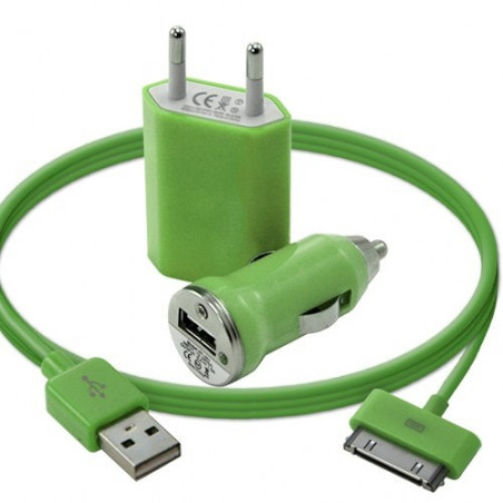 Mini Chargeur 3en1 Auto Et Secteur Usb Avec Câble Data Vert pour Apple : iPhone 3G/3Gs / iPhone 4/4S / Ipod Touch 1G/2G/3G / Ip