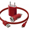 Mini Chargeur 3en1 Auto Et Secteur Usb Avec Câble Data Rouge pour Nokia : Lumia 710 / Lumia 800 / Lumia 900 / N97 / N97 Mini / 