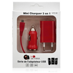 Mini Chargeur 3en1 Auto Et Secteur Usb Avec Câble Data Rouge pour Nokia : Lumia 710 / Lumia 800 / Lumia 900 / N97 / N97 Mini / 