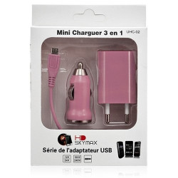 Mini Chargeur 3en1 Auto Et Secteur Usb Avec Câble Data Rose pour Samsung : Champ Duos E2652 / Chat 222 E2222 / Chat 335 S3350 /