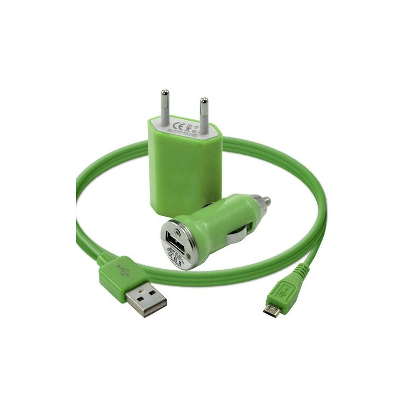 Mini Chargeur 3en1 Auto Et Secteur Usb Avec Câble Data Vert pour Samsung : Champ Duos E2652 / Chat 222 E2222 / Chat 335 S3350 /