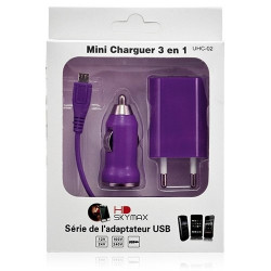 Mini Chargeur 3en1 Auto Et Secteur Usb Avec Câble Data Violet pour Samsung : Champ Duos E2652 / Chat 222 E2222 / Chat 335 S3350