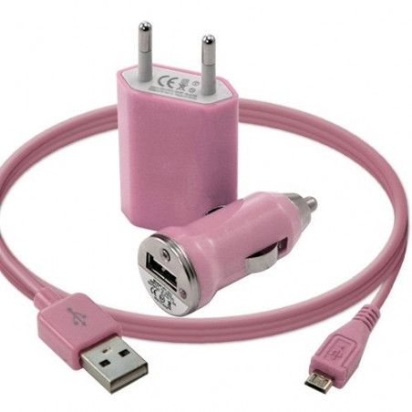 Mini Chargeur 3en1 Auto Et Secteur Usb Avec Câble Data Rose pour Sony : Xperia S