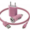 Mini Chargeur 3en1 Auto Et Secteur Usb Avec Câble Data Rose pour Sony : Xperia S