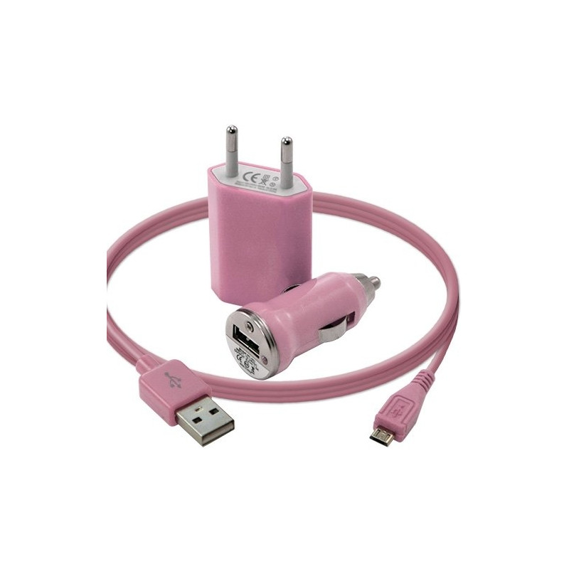 Mini Chargeur 3en1 Auto Et Secteur Usb Avec Câble Data Rose pour Sony Ericsson : Txt / Txt Pro / Xperia Kyno / Xperia Mini / Xp