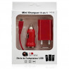 Mini Chargeur 3en1 Auto Et Secteur Usb Avec Câble Data Rouge pour Sony Ericsson : Txt / Txt Pro / Xperia Kyno / Xperia Mini / X