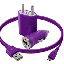 Mini Chargeur 3en1 Auto Et Secteur Usb Avec Câble Data Violet pour Sony Ericsson : Txt / Txt Pro / Xperia Kyno / Xperia Mini / 