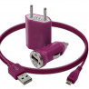 Mini Chargeur 3en1 Auto Et Secteur Usb Avec Câble Data Rose Fuschia pour Sony Ericsson : Xperia X2 / Vivaz U5 /Xperia X8 / Xper