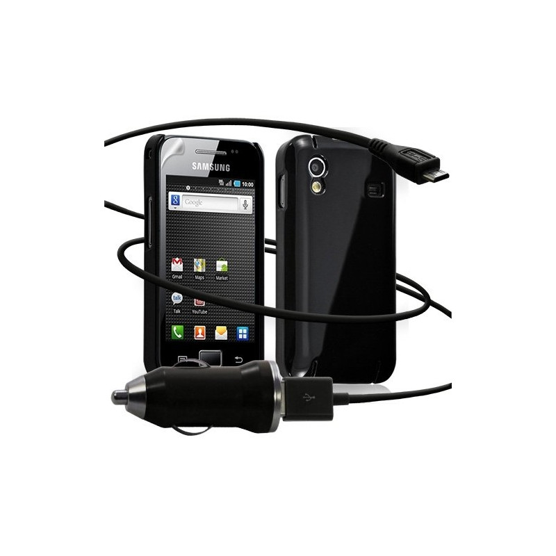 Housse étui coque rigide brillante + Chargeur Auto USB pour Samsung Galaxy Ace couleur noir