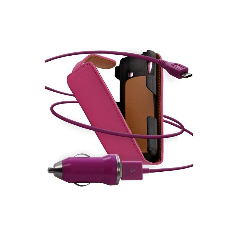 Housse coque etui + Chargeur Auto USB pour Samsung Galaxy Ace S5830 couleur rose fuschia