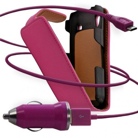 Housse coque etui + Chargeur Auto USB pour Samsung Galaxy Ace S5830 couleur rose fuschia