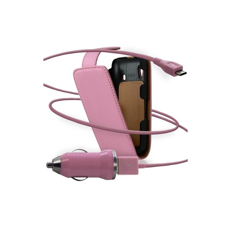 Housse coque etui + Chargeur Auto USB pour Samsung Galaxy Ace S5830 couleur rose