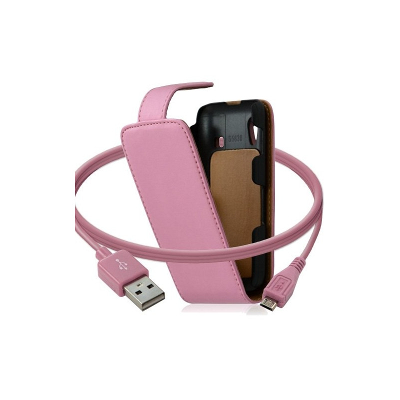 Housse coque etui + Câble data USB pour Samsung Galaxy Ace S5830 couleur rose