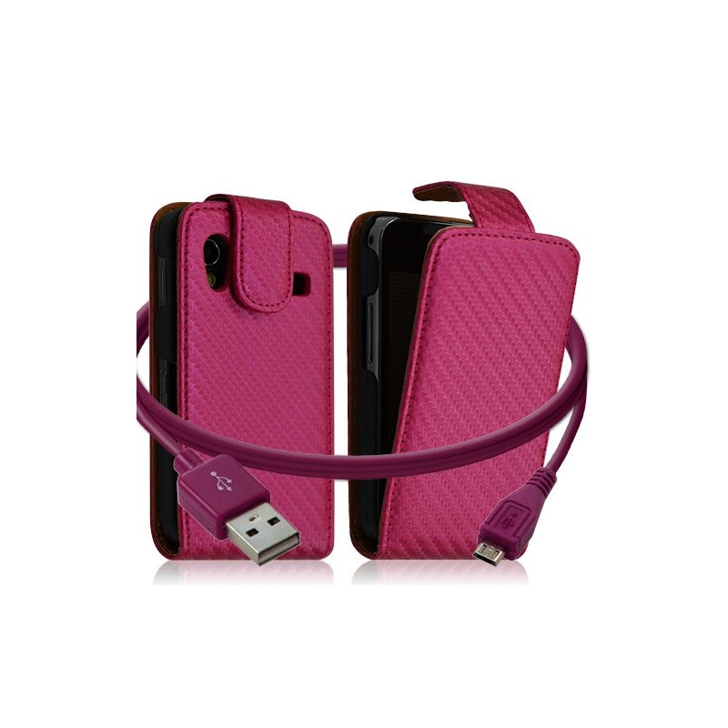 Housse coque etui gaufré + Câble data USB pour Samsung Galaxy Ace S5830 couleur rose fuschia