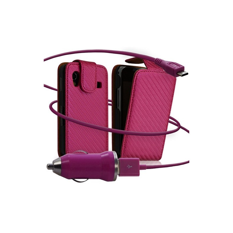 Housse coque etui gaufré + Chargeur Auto USB pour Samsung Galaxy Ace S5830 couleur rose fuschia