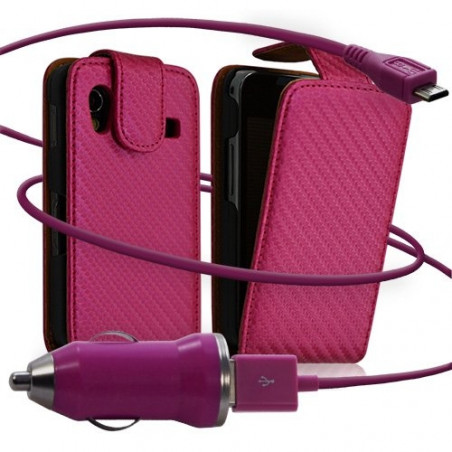 Housse coque etui gaufré + Chargeur Auto USB pour Samsung Galaxy Ace S5830 couleur rose fuschia