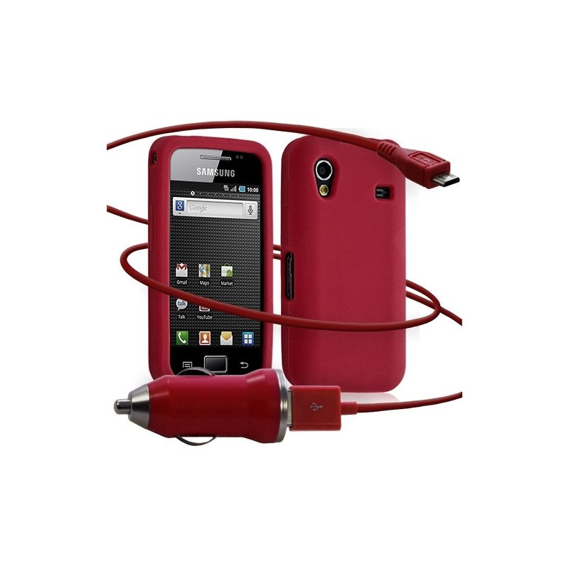 Housse étui coque silicone + Chargeur Auto USB Samsung S5830 Galaxy Ace couleur rouge