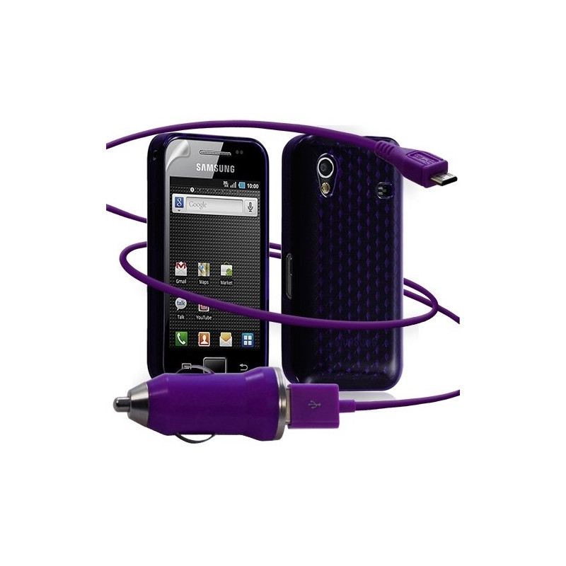 Seluxion -Housse coque gel damier + Chargeur Auto USB Samsung Galaxy Ace S5830 couleur violet