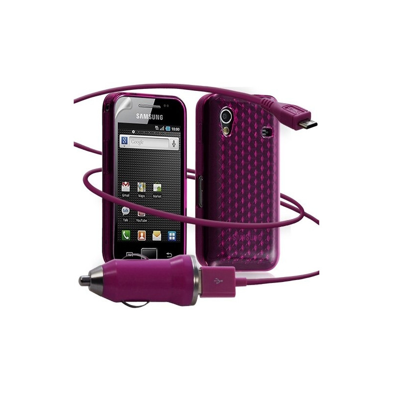 Seluxion -Housse coque gel damier + Chargeur Auto USB Samsung Galaxy Ace S5830 couleur rose fuschia